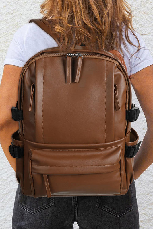 Chestnut Faux Leather Zipped Large Capacity Backpack - L & M Kee, LLC