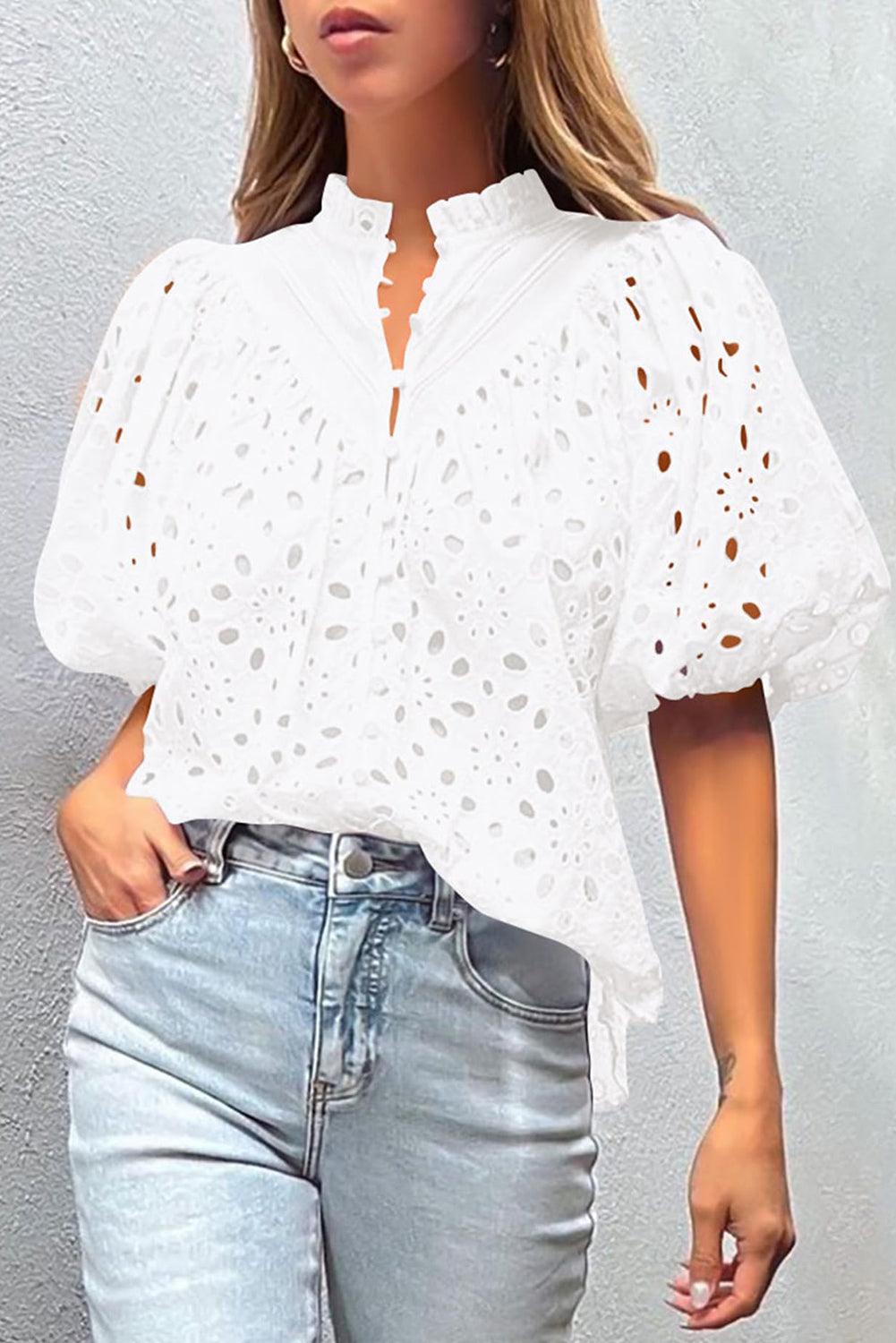 White Flower Embroidered Hollow-out Puff Sleeve Blouse - L & M Kee, LLC