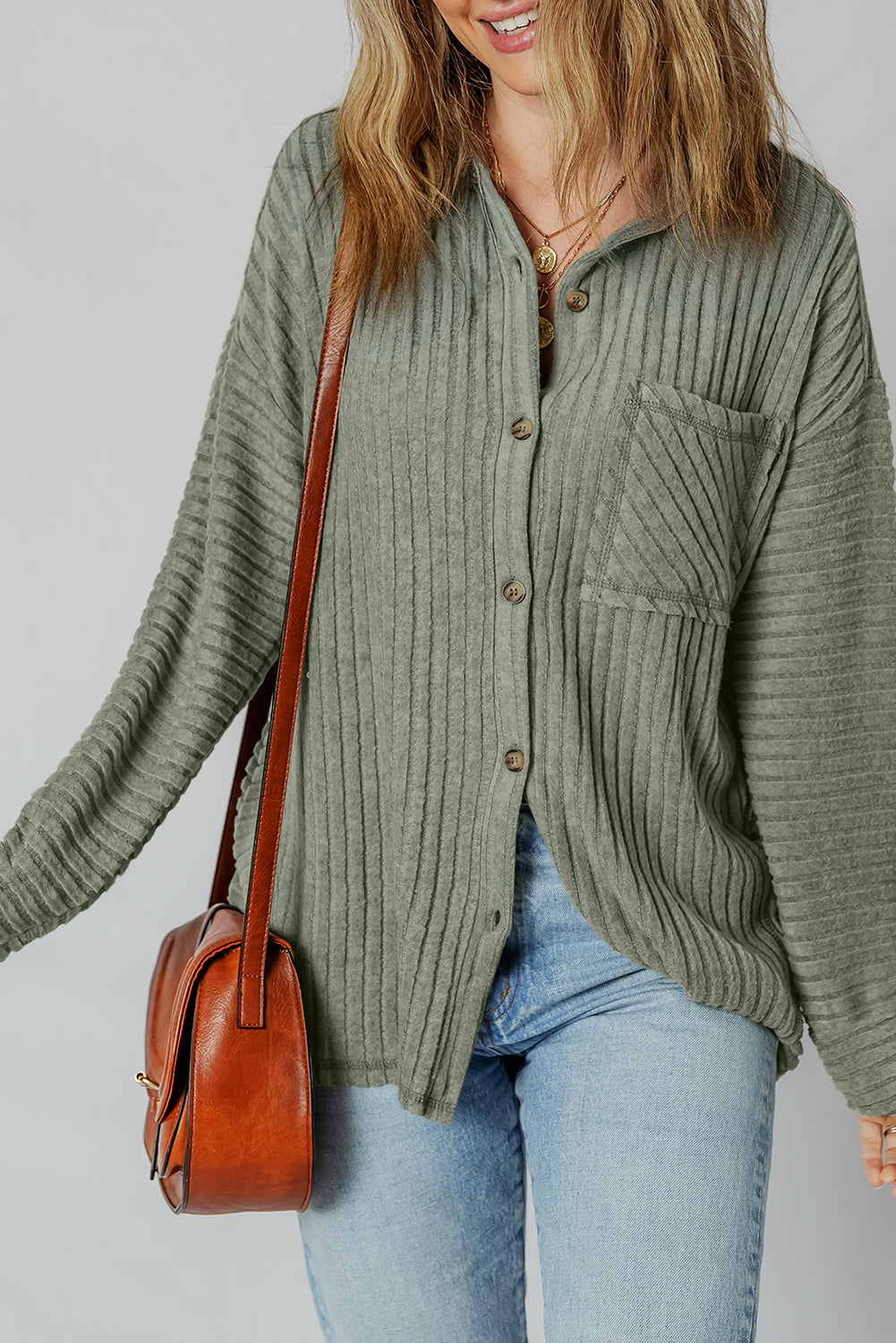 Mist Green Thermal Ribbed Texture Drop Shoulder Button Up Shacket