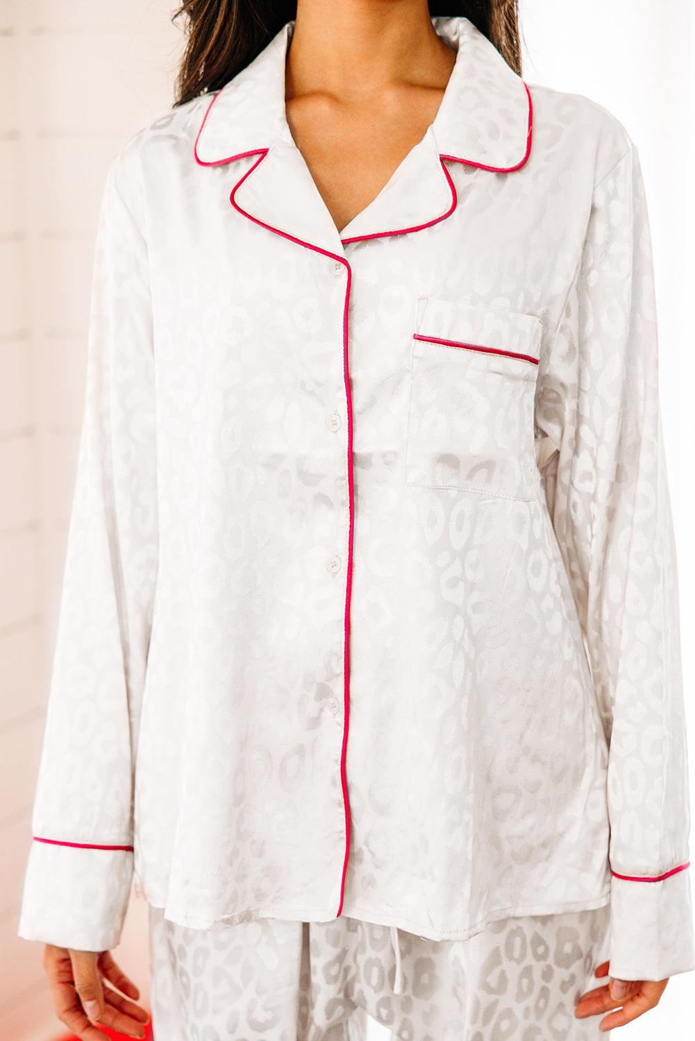 White 2pcs Leopard Satin Long Sleeve Pajamas Set - L & M Kee, LLC