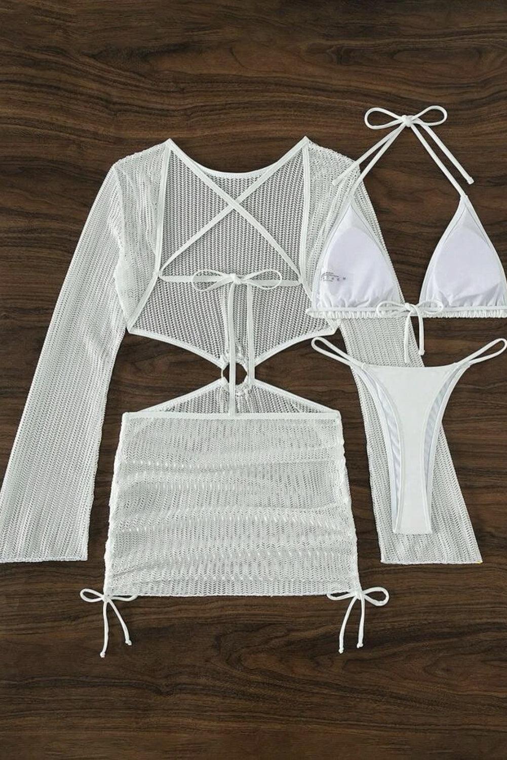 White 3pcs Micro Bikini with O-ring Backless Crochet Dress Cover up - L & M Kee, LLC
