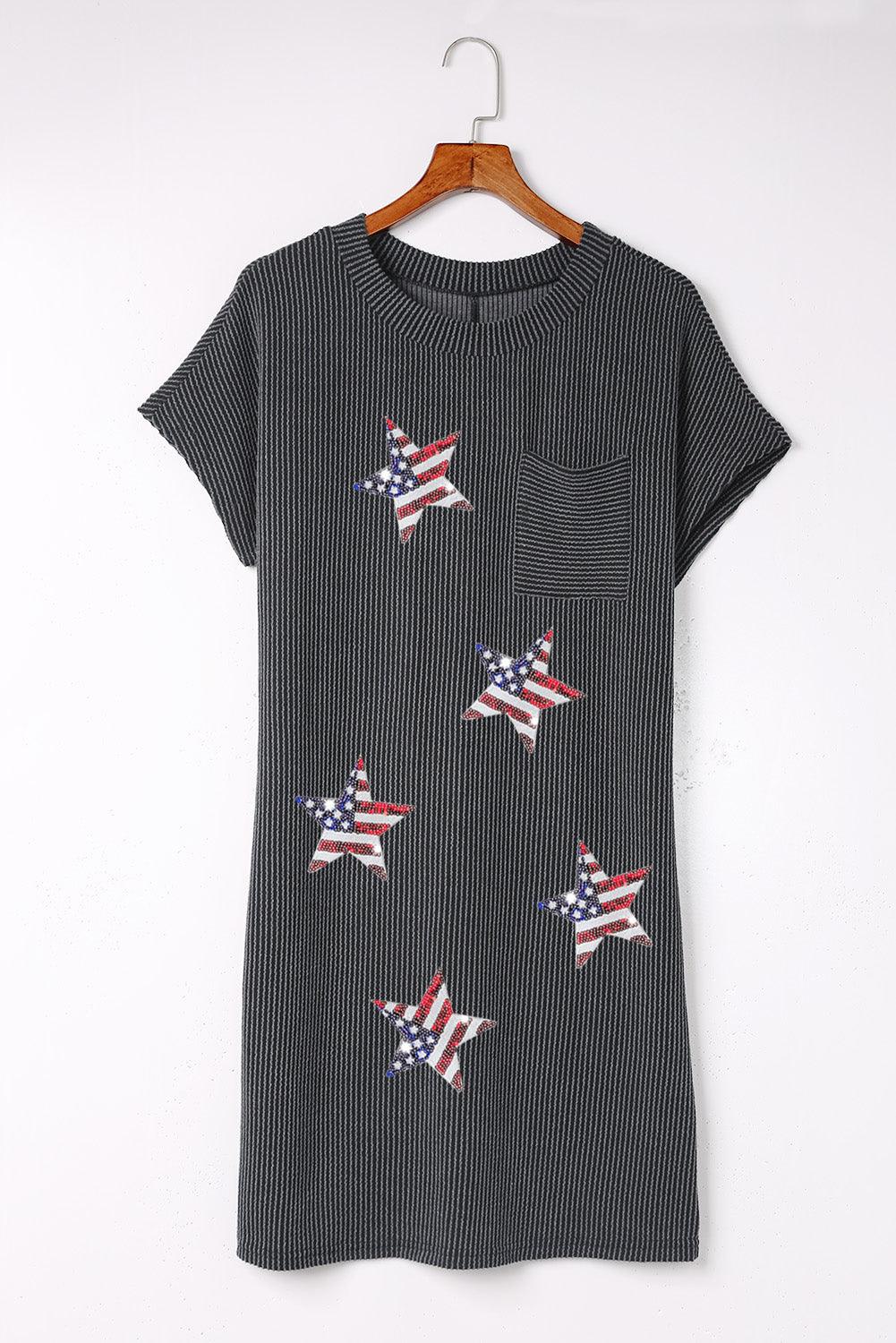 Gray Sequin Flag Stars Ribbed Shift T-shirt Dress - L & M Kee, LLC