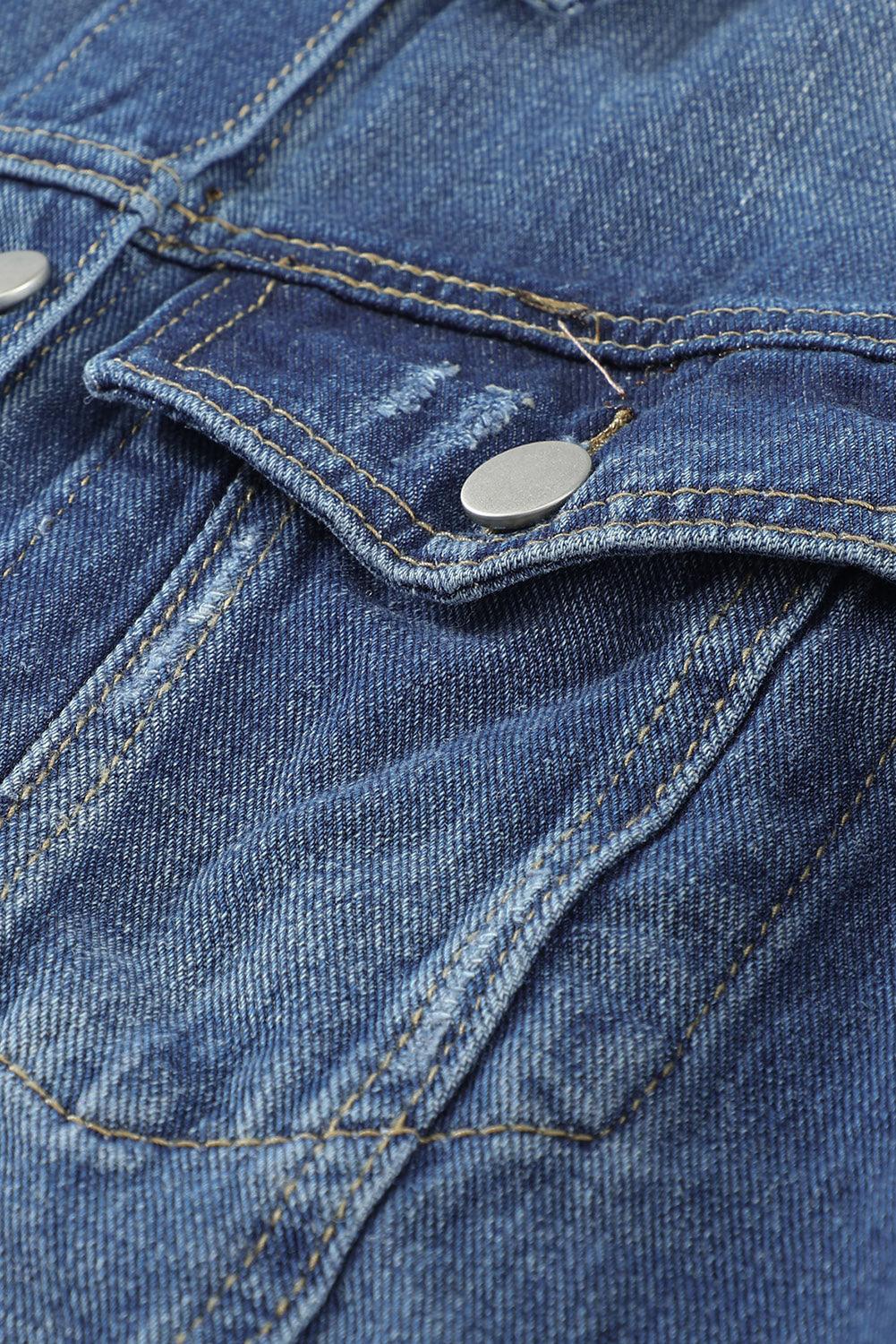 Blank Apparel - Blue Lapel Distressed Raw Hem Buttons Denim Jacket - L & M Kee, LLC