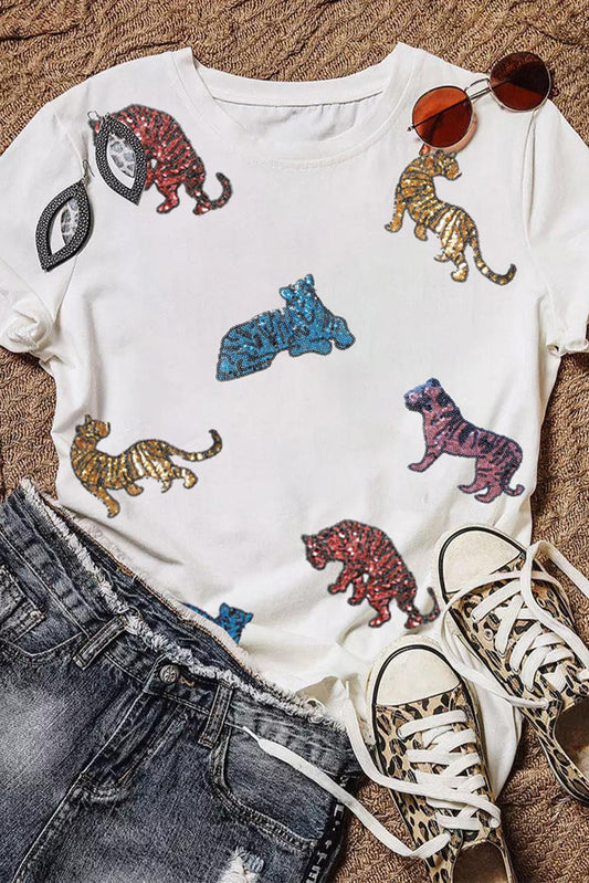 White Shiny Tiger Patch Graphic Summer T-shirt - L & M Kee, LLC