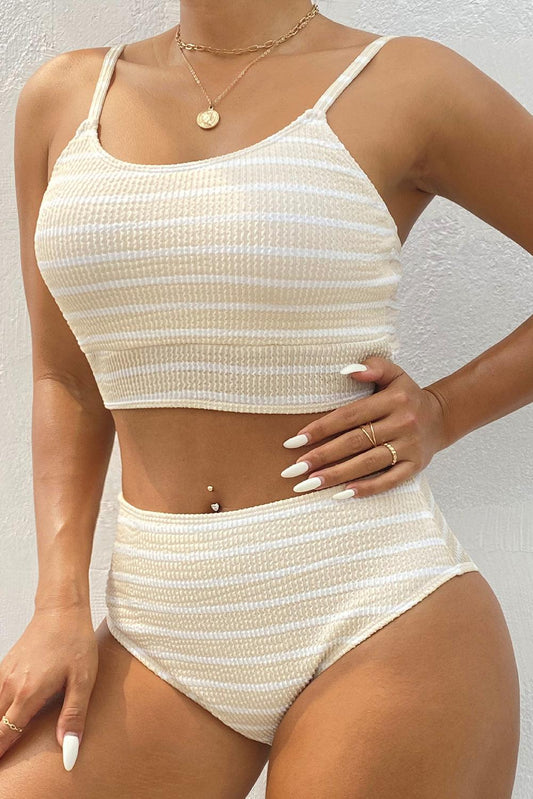 White Stripe Textured Adjustable Straps Bikini Swimsuit - L & M Kee, LLC
