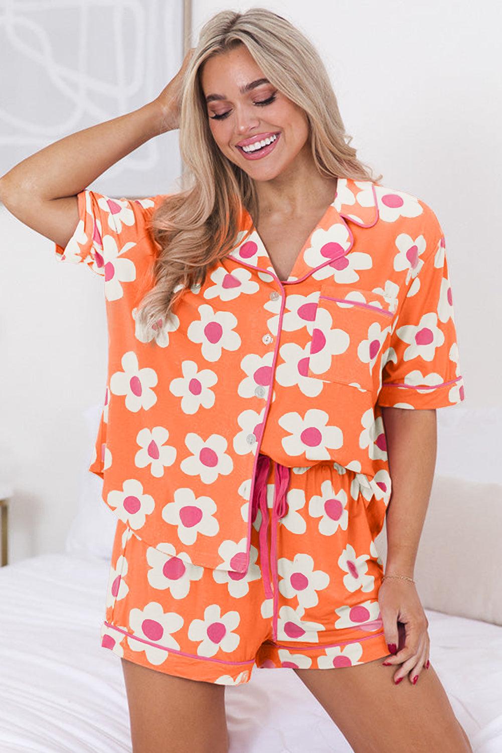 Green Flower Print Short Sleeve Shirt Pajamas Set - L & M Kee, LLC