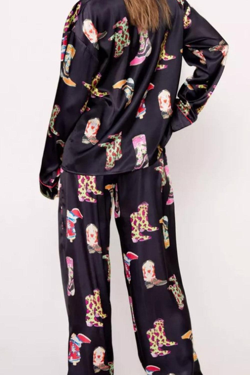 Black Western Cowgirl Boots Printed Satin Long Pajama Set - L & M Kee, LLC