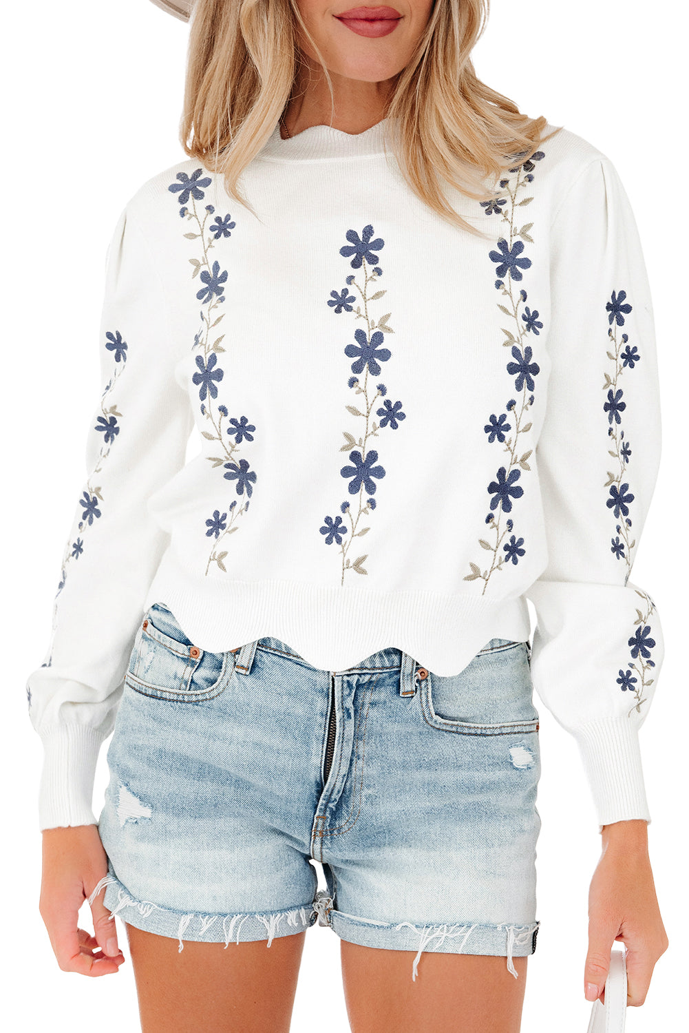 White Floral Embroidered Scallop Hem Cropped Sweater
