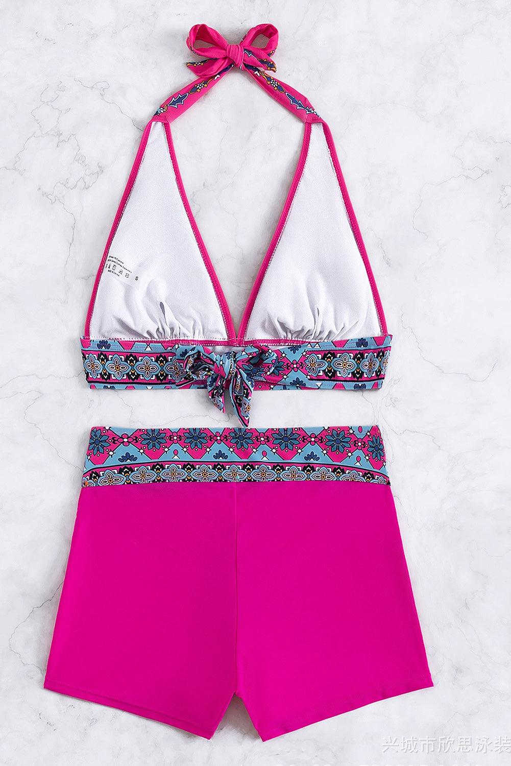 Rose Floral Print Halter Swim Top with Boyshorts Bikini Swimsuit - L & M Kee, LLC