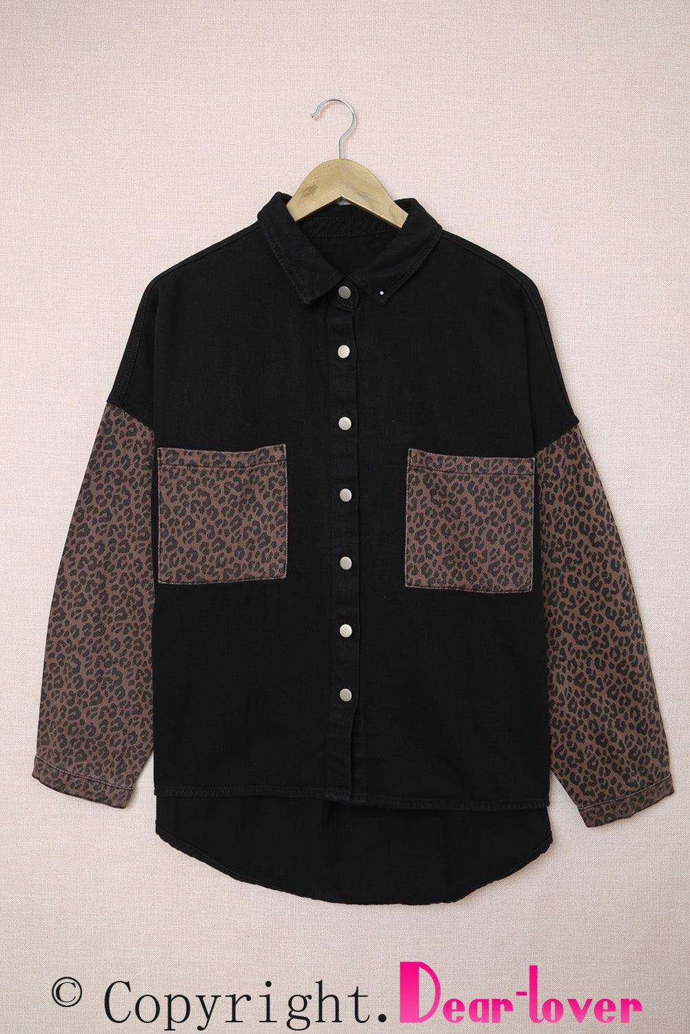 Blank Apparel - Black Contrast Leopard Denim Jacket - L & M Kee, LLC
