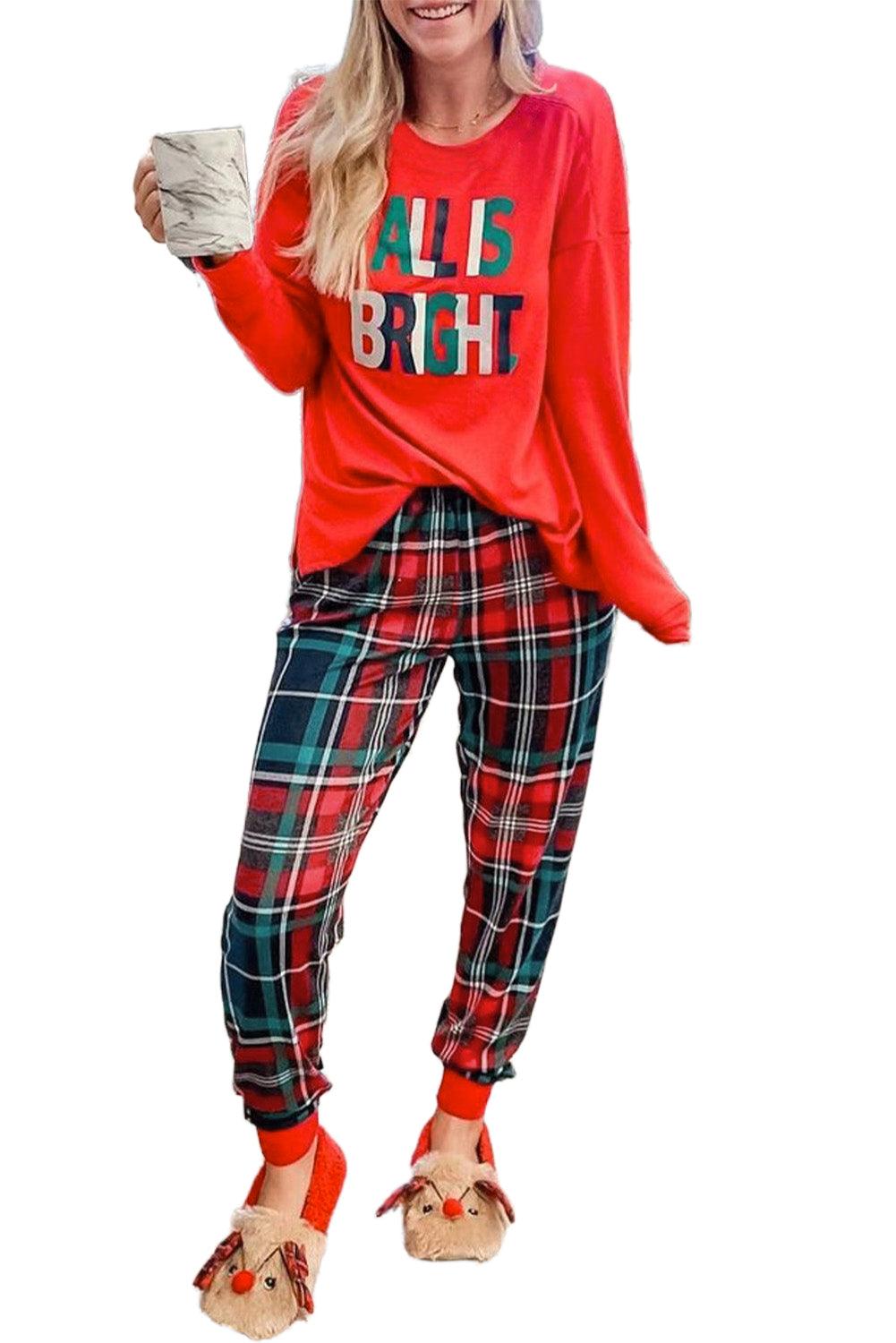 Multicolor ALL IS BRIGHT Graphic Christmas Plaid Pajamas Set - L & M Kee, LLC