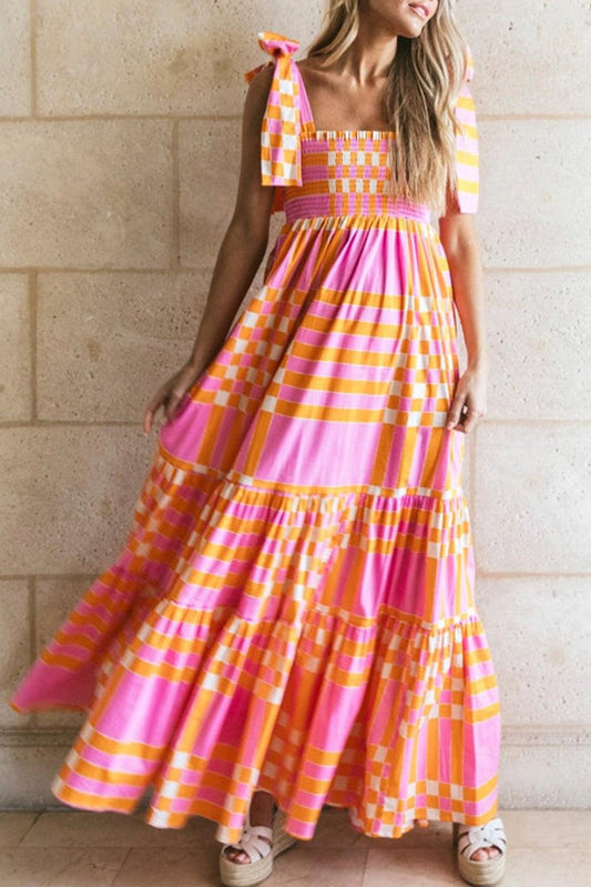 Pink Boho Gingham Tied Straps Smocked Maxi Dress - L & M Kee, LLC