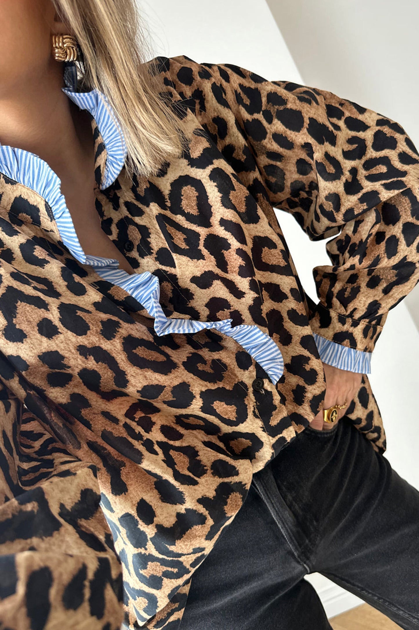 Brown Wild Leopard Print Contrast Striped Frilled Trim Chic Shirt