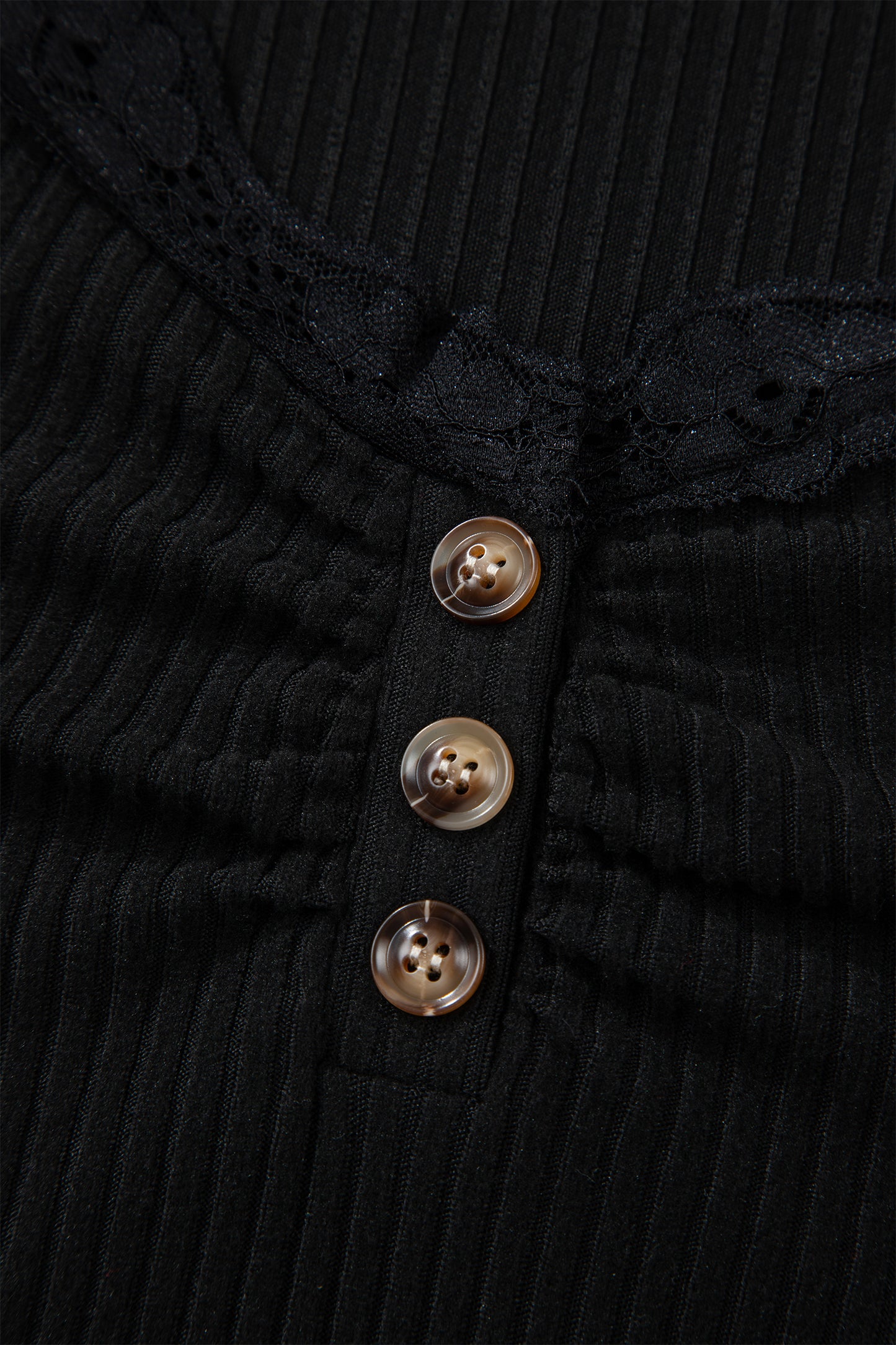 Black Lace Neckline Button Decor Lettuce Edge Long Sleeve Ribbed Top