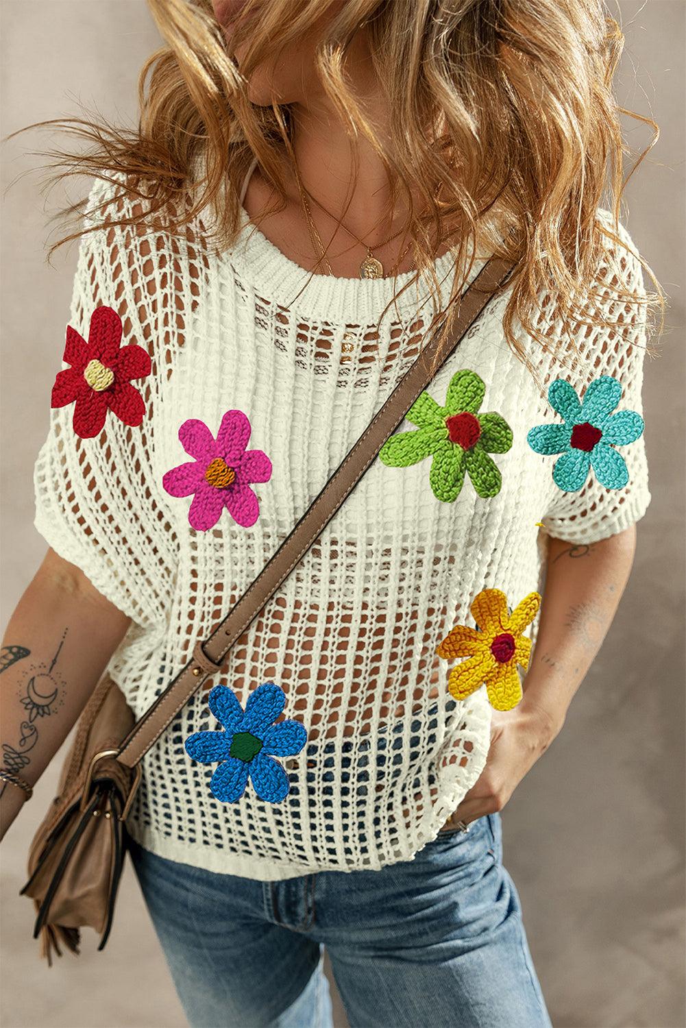 White Crochet Flower Hollow-out Sweater T Shirt - L & M Kee, LLC