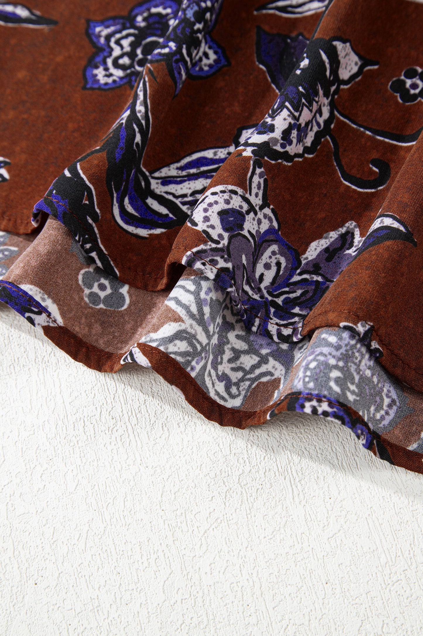 Brown Autumn Floral Print Smocked Cuffs Shift Blouse