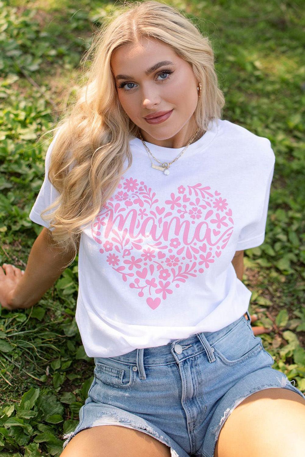 White Floral mama Heart Shape Graphic T Shirt - L & M Kee, LLC