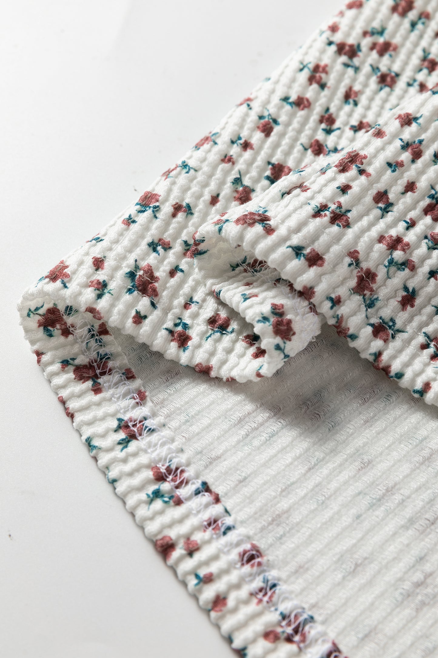 White Spiral Ribbed Floral Print Long Sleeve Henley Top Drawstring Short Set