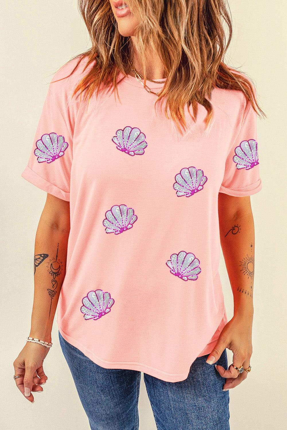 Pink Sequin Shell Graphic Round Neck T Shirt