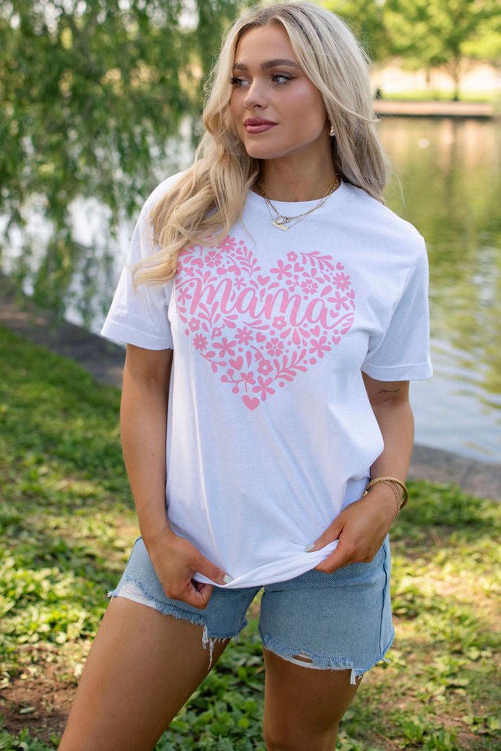 White Floral mama Heart Shape Graphic T Shirt - L & M Kee, LLC