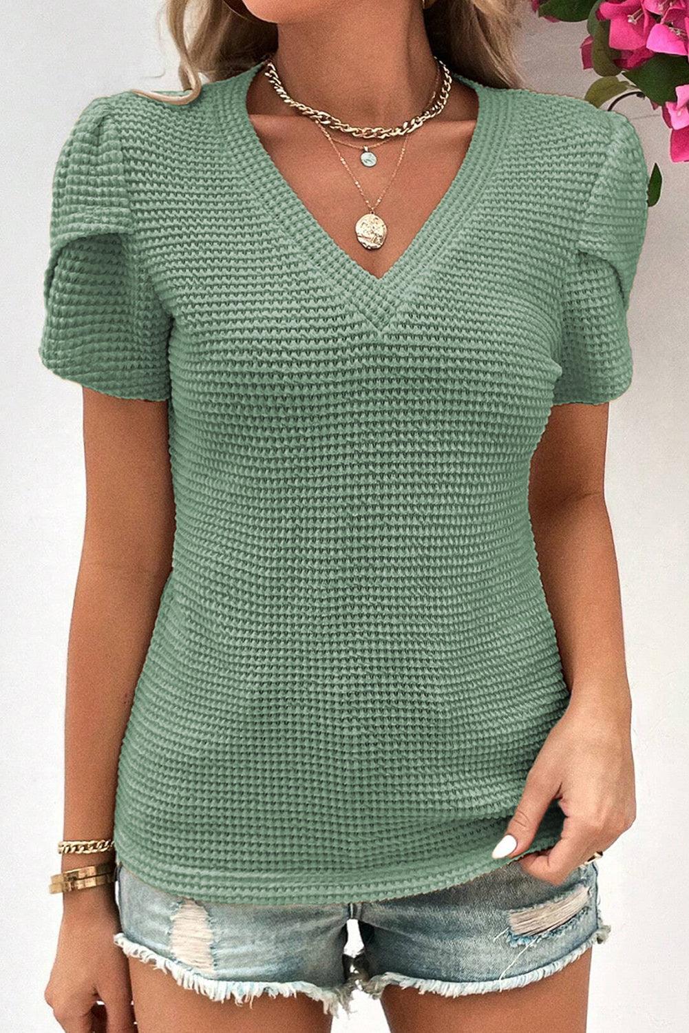 Mist Green V Neck Petal Sleeve Waffle Knit T-Shirt - L & M Kee, LLC