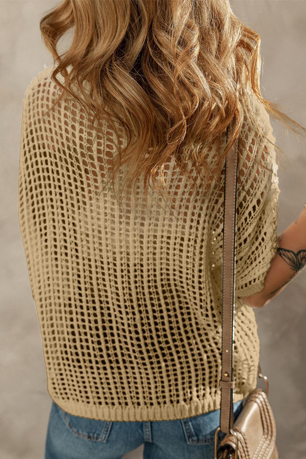 Light French Beige Crochet Flower Hollow-out Sweater T Shirt - L & M Kee, LLC