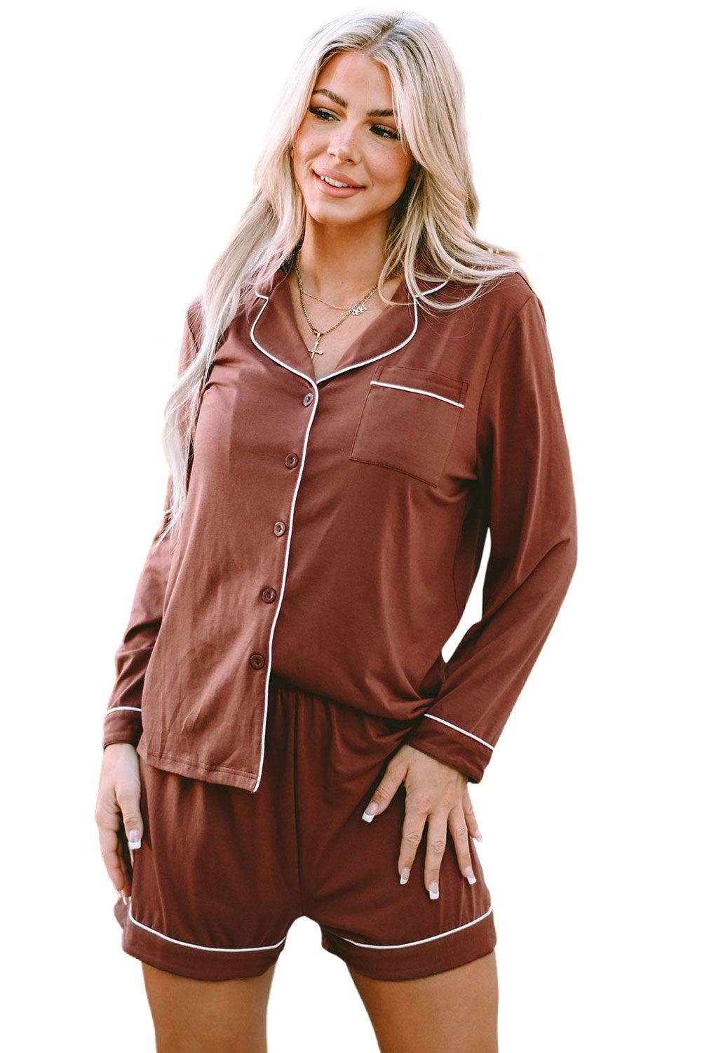 Brown Contrast Pipings Long Sleeve Shorts Pajamas Set - L & M Kee, LLC