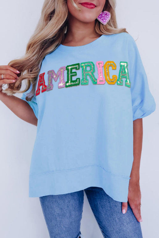 Mist Blue Sparkle America Pastel Embroidered Graphic T-shirt
