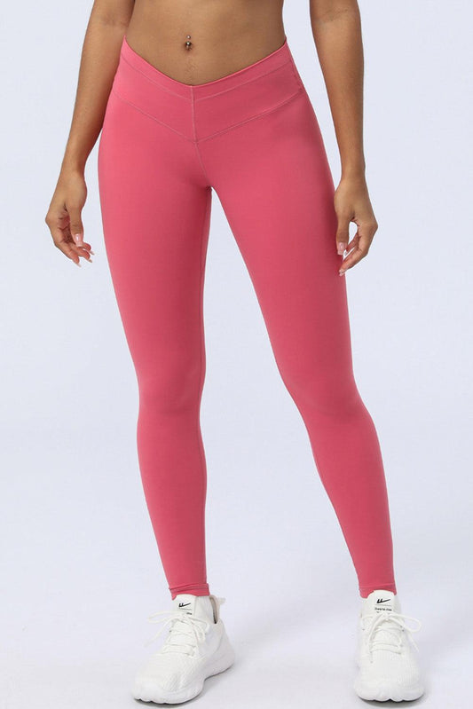 Strawberry Pink Seam Detail V-shape Dipped Waist Fitness Leggings