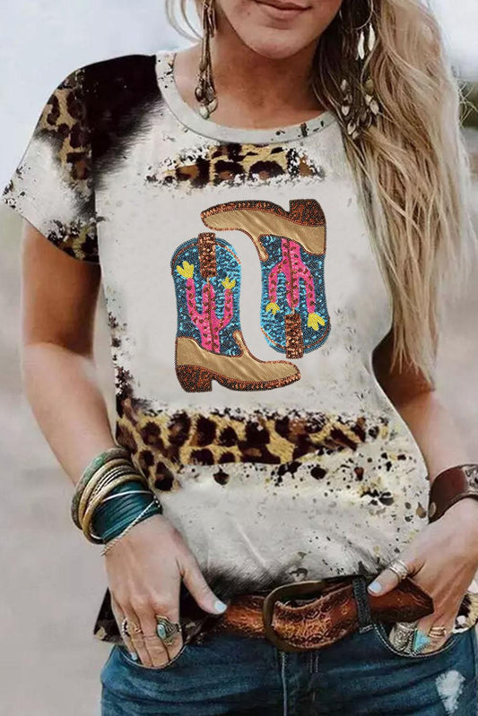 Leopard Tie Dye Sequin Cactus Cowboy Boots Graphic T Shirt