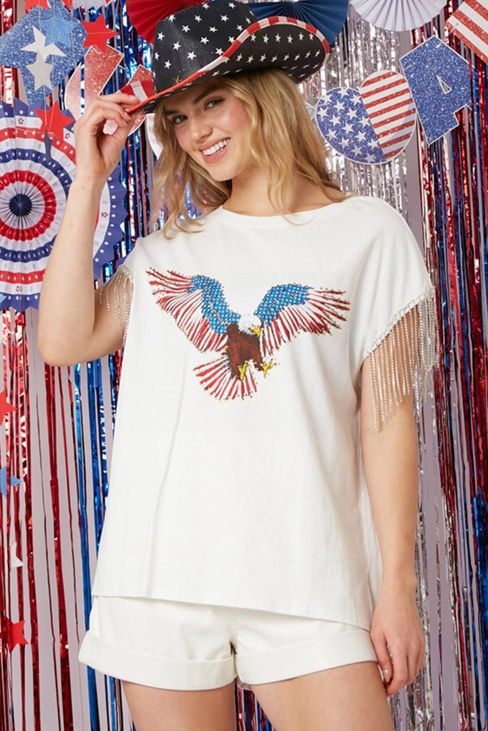 White American Eagle Graphic Rhinestone Fringed Sleeve T Shirt - L & M Kee, LLC