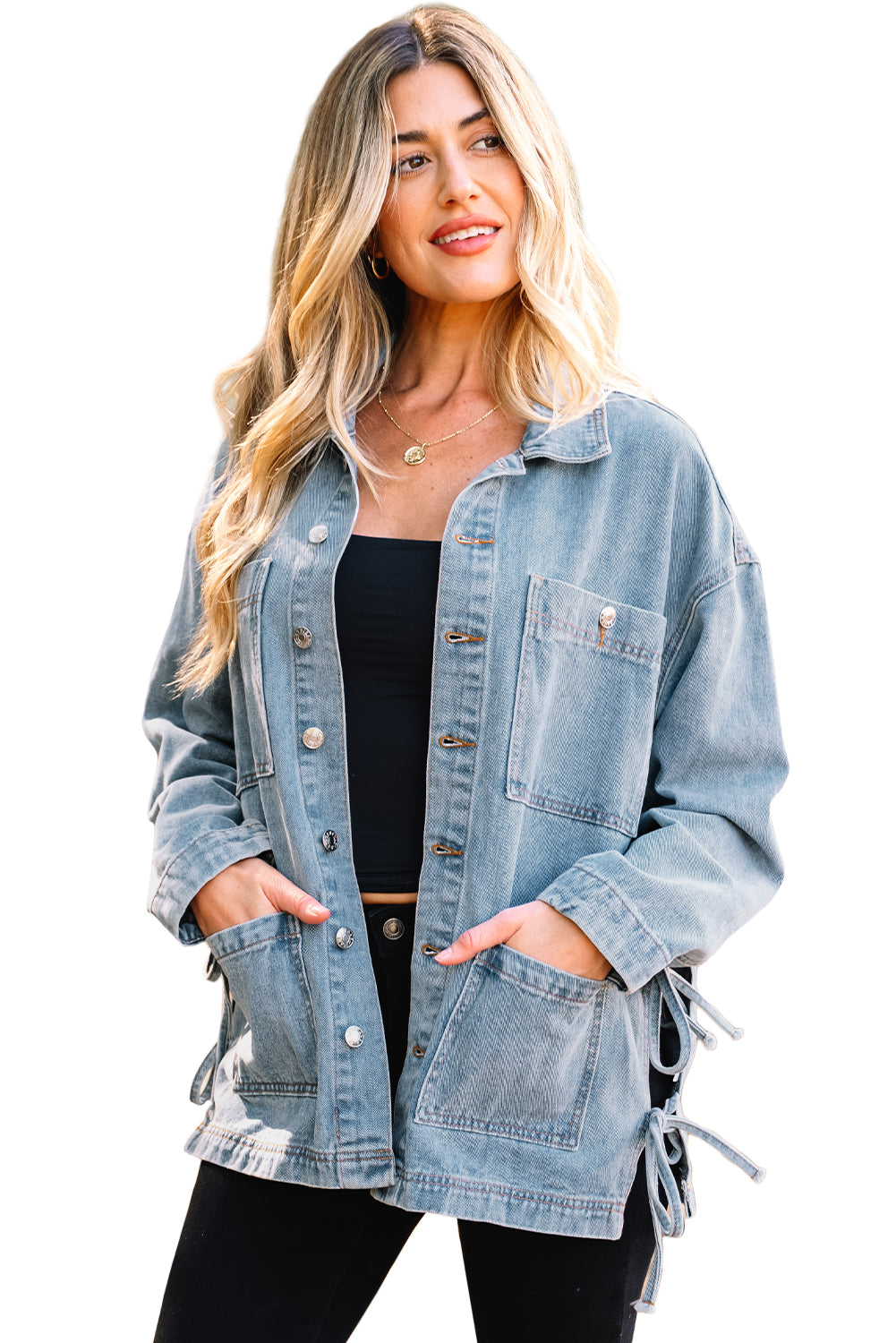 Beau Blue Multi Patched Pockets Side Tie up Boyfriend Style Denim Jacket