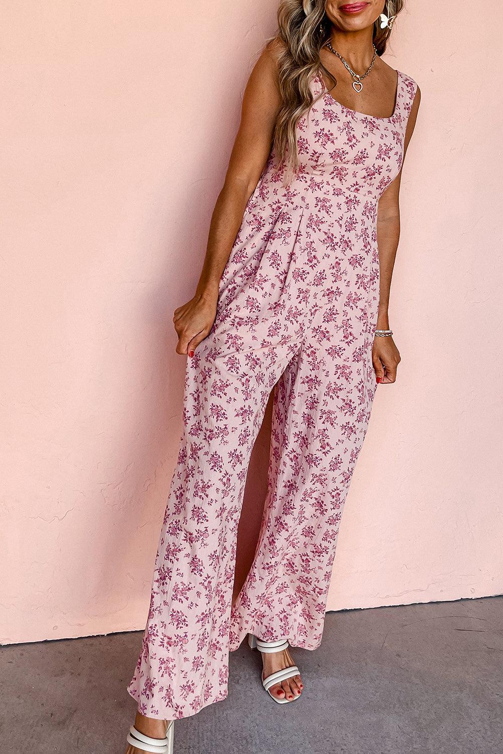 Pink Floral Scoop Neck Backless Sleeveless Jumpsuit - L & M Kee, LLC