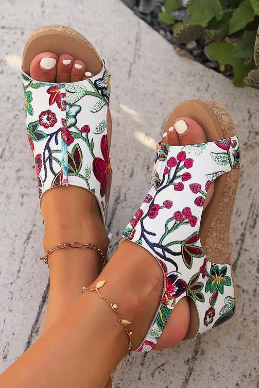 Floral PU Leather Hollow Out Rivet Wedge Sandals - L & M Kee, LLC