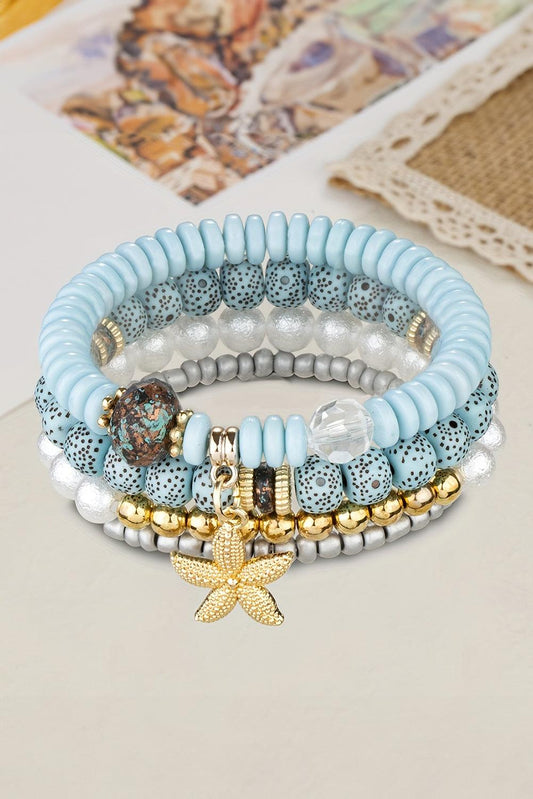 Light Blue 4pcs Starfish Pendant Beaded Bracelet Set