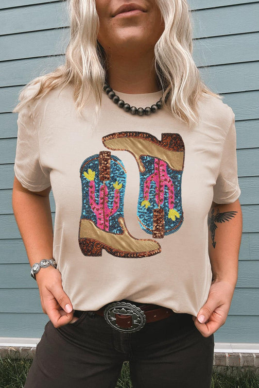 Khaki Sequined Western Boots Crew Neck Graphic Tee - L & M Kee, LLC