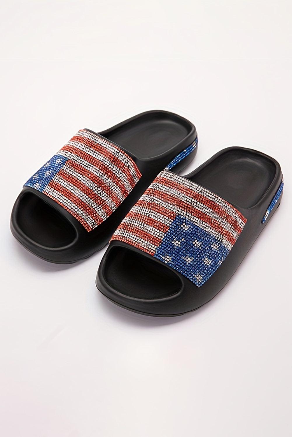 Black Rhinestone American Flag Thick Sole Slippers - L & M Kee, LLC