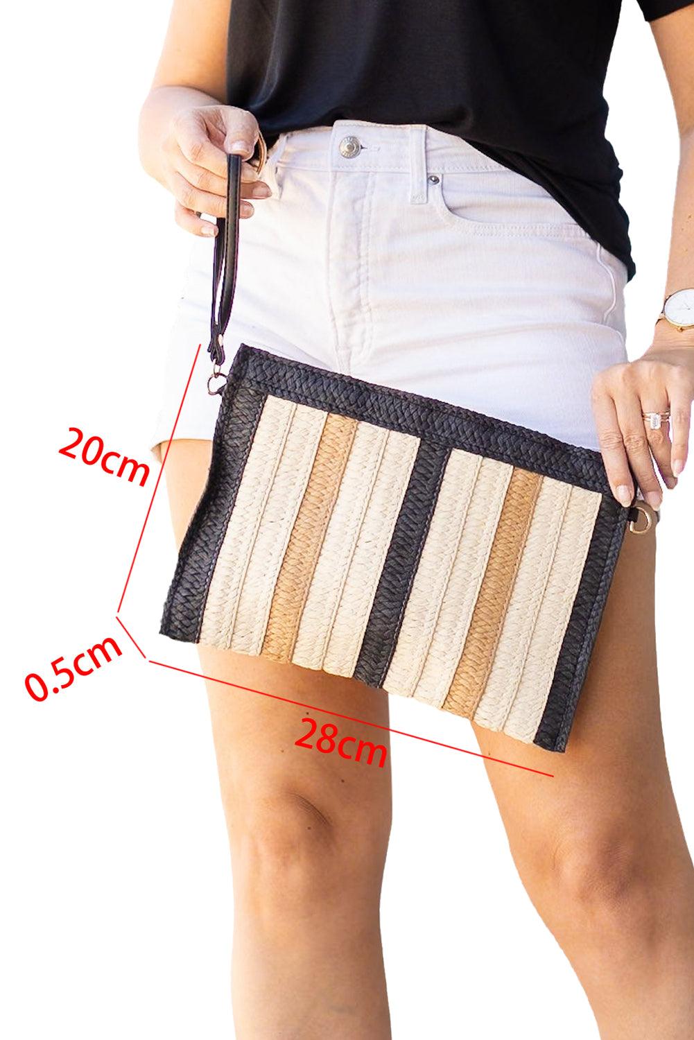 Black Contrast Striped Straw Woven Shoulder Bag - L & M Kee, LLC