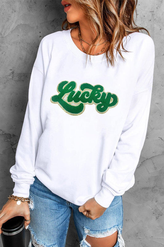 White Shiny Trim Chenille Lucky Pattern Sweatshirt - L & M Kee, LLC