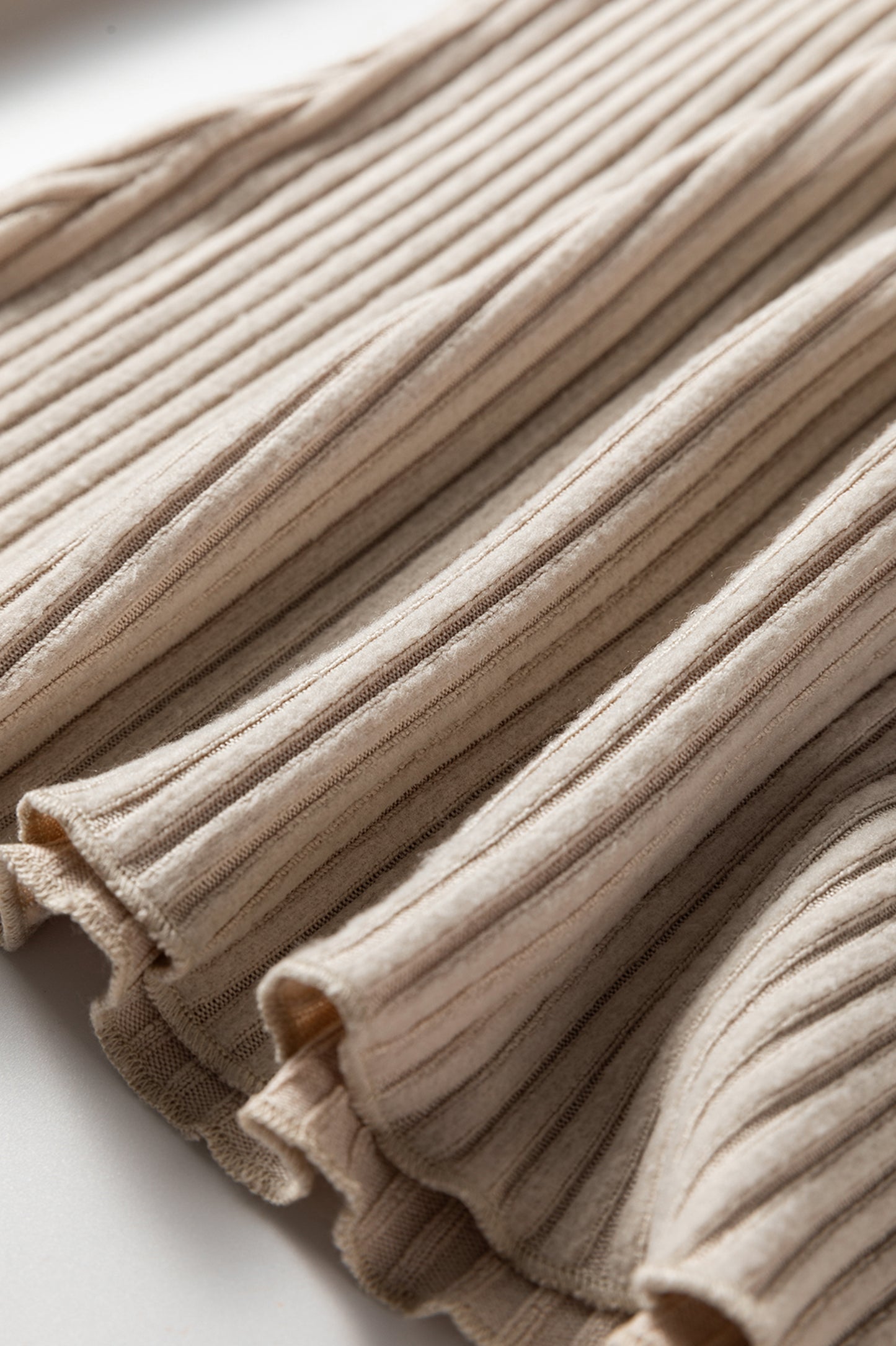 Beige Lace Neckline Button Decor Lettuce Edge Long Sleeve Ribbed Top