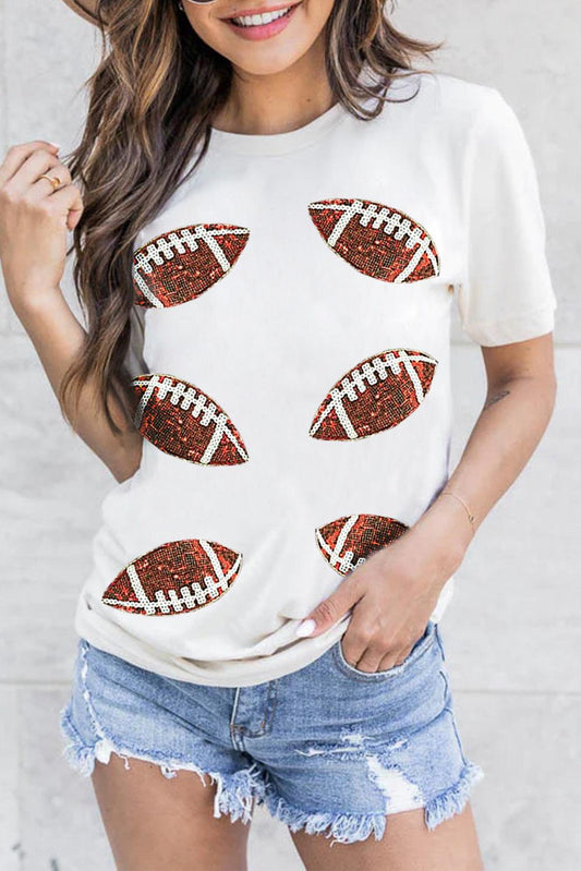 White Sequined Rugby Graphic Cotton T Shirt - L & M Kee, LLC