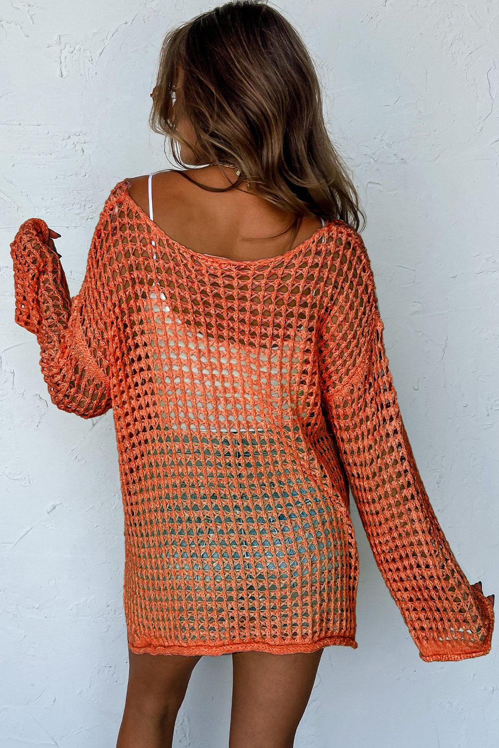 Orange Open Knit Crochet Bell Sleeve Tunic Sweater - L & M Kee, LLC