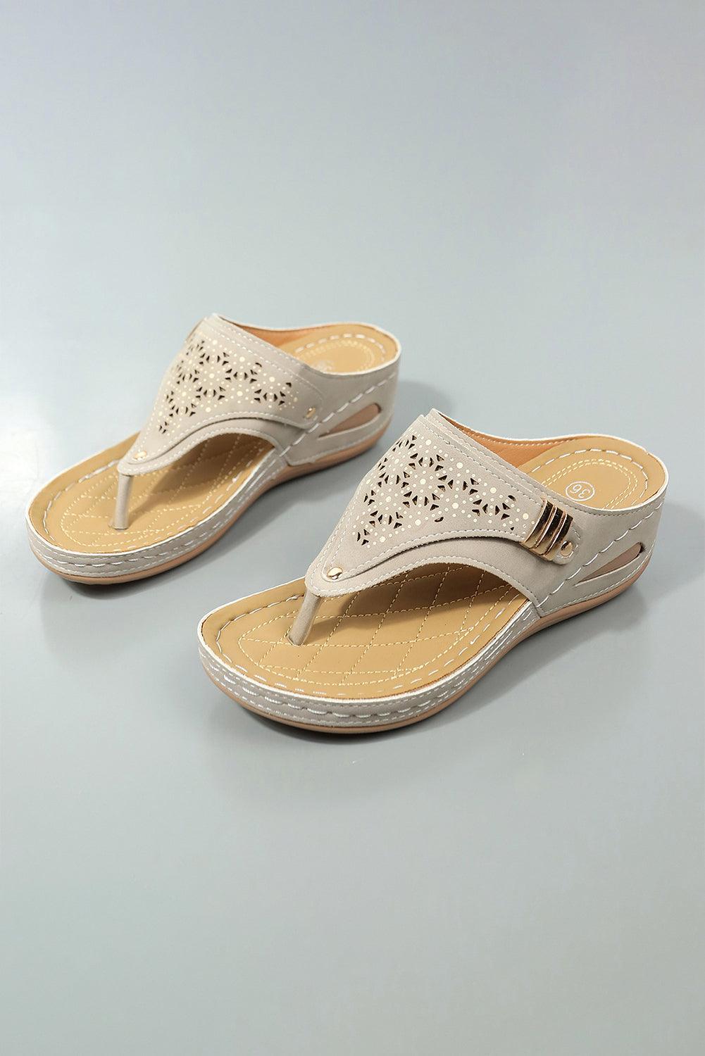 Beige Hollow Out Clip Toe Wedge Slippers - L & M Kee, LLC