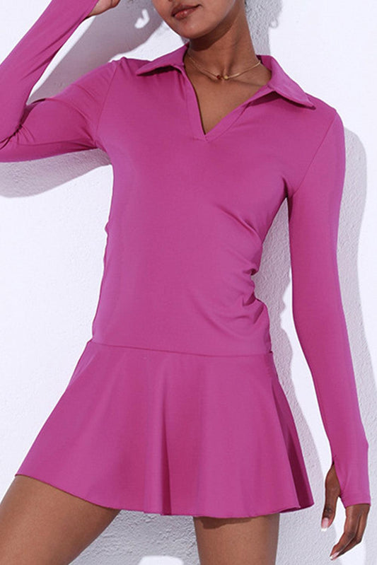 Bright Pink V Neck Long Sleeve Active Sports Dress - L & M Kee, LLC