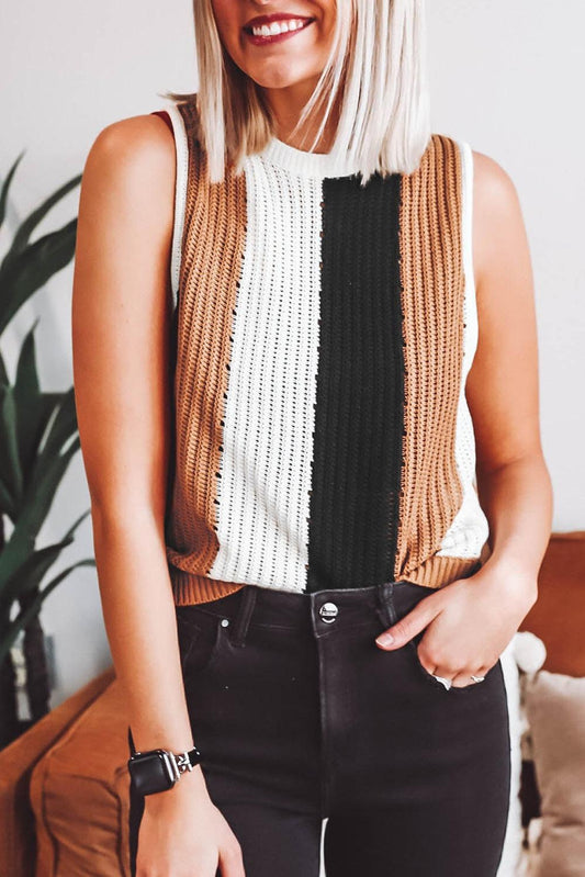 Khaki Stripe Color Block Sleeveless Knitted Sweater Vest - L & M Kee, LLC