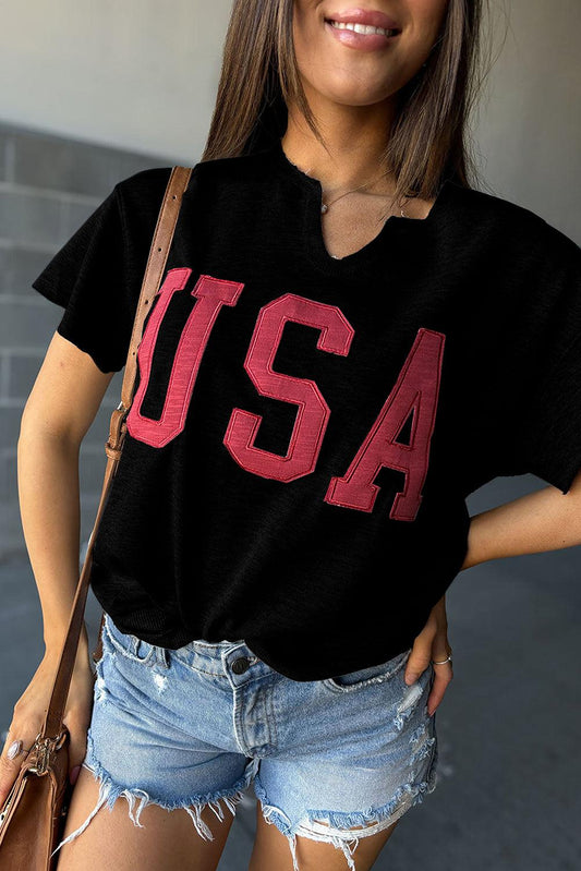 Black USA Lettering Patch Notched Neck Loose Tee