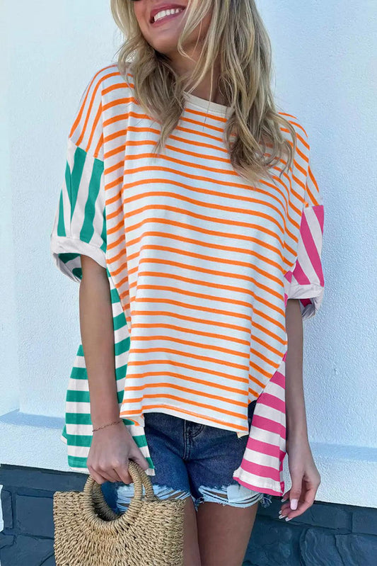 Orange Stripe Colorblock Patchwork Baggy T Shirt - L & M Kee, LLC