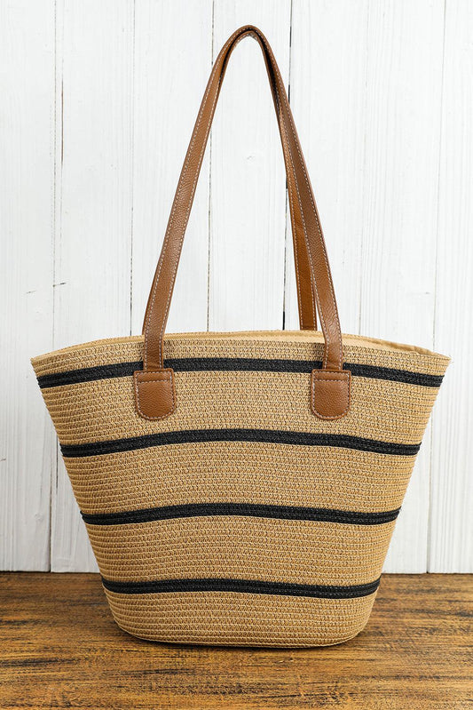 Black Straw Woven Striped Vacation One Shoulder Bag - L & M Kee, LLC