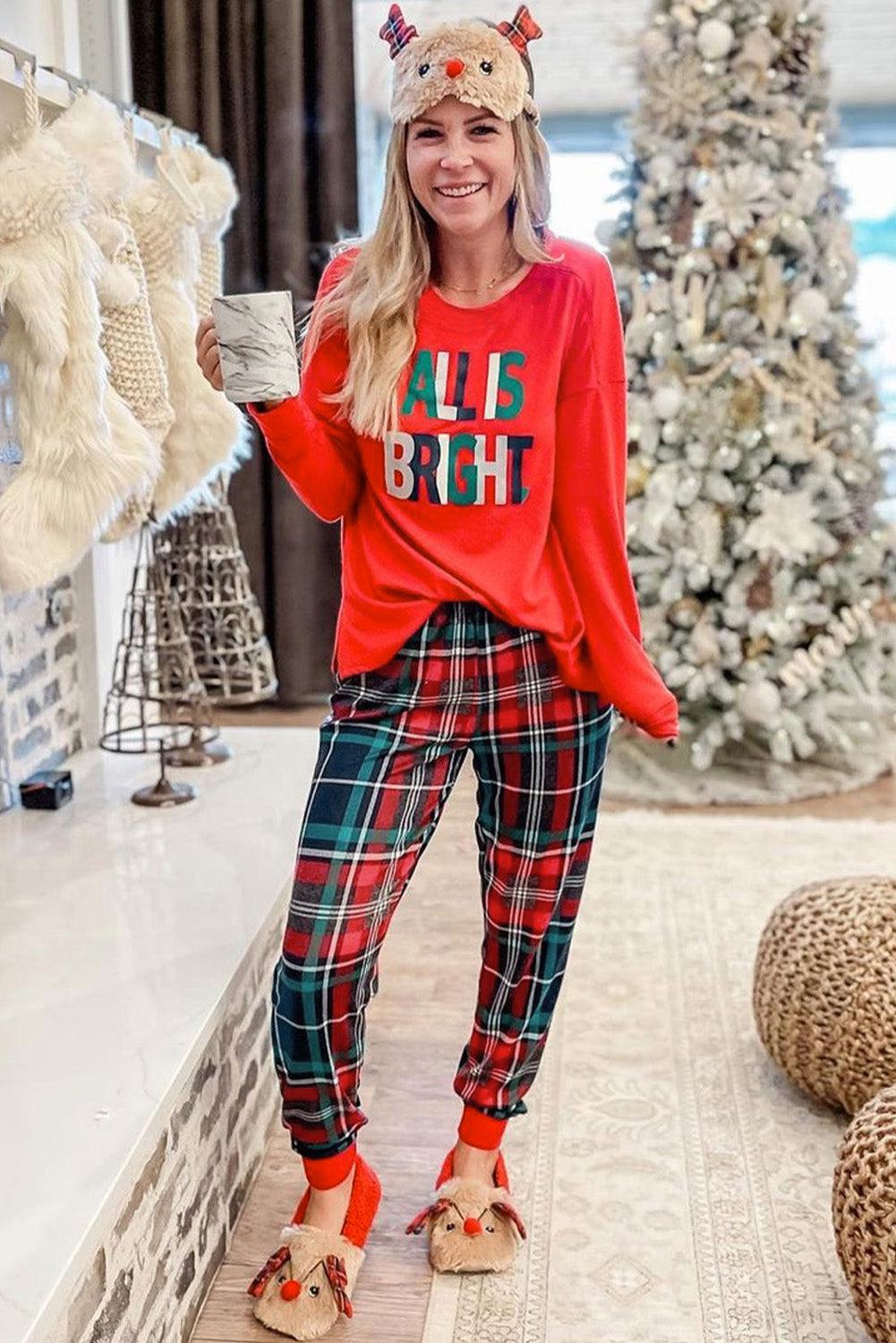 Multicolor ALL IS BRIGHT Graphic Christmas Plaid Pajamas Set - L & M Kee, LLC