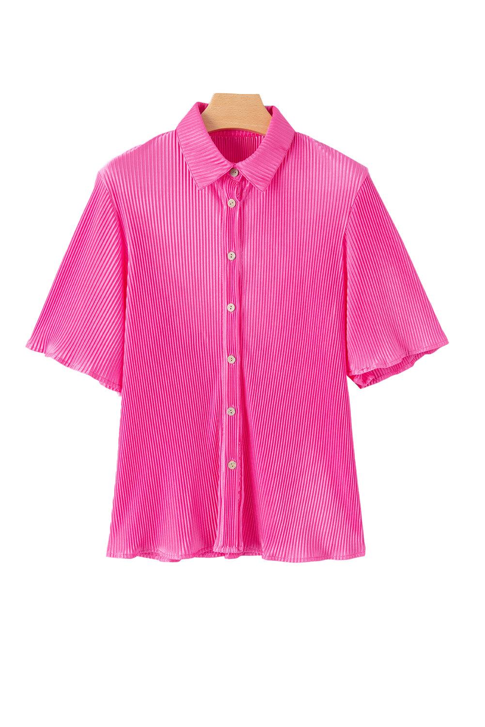 Bright Pink Satin Pleated Short Sleeve Shirt - L & M Kee, LLC